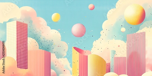 Colorful Abstract Cityscape with Geometric Buildings and Floating Spheres in Surreal Sky