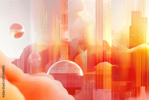 Futuristic Digital Cityscape Abstract with Orange Clouds and Geometric Spheres