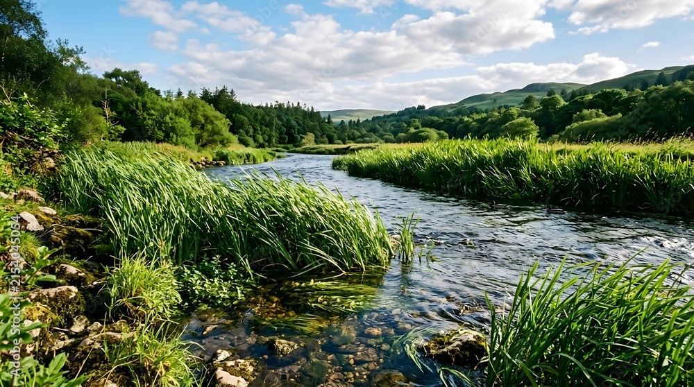 Naklejka premium Clear river flowing through green grassy banks and hills