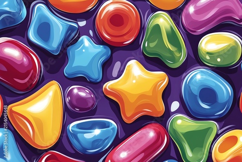 Colorful Jelly Candies in Various Shapes and Bright Colors on Dark Background