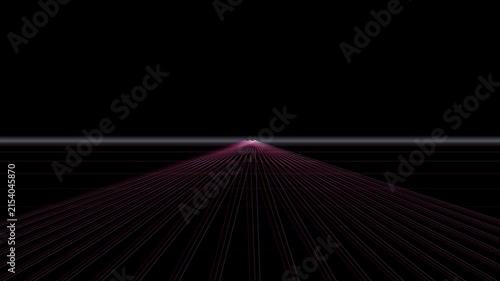 Abstract perspective grid pattern in pink lines converging toward a vanishing point against a black background.