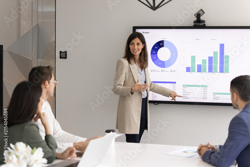 Smiling businesswoman financial manager performing annual budget report analyzing company spending offering cost optimization plan to stakeholder team on digital presentation board in conference room