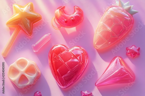 Colorful Heart and Fruit-shaped Candies in Pink and Orange Tones on Soft Pastel Background
