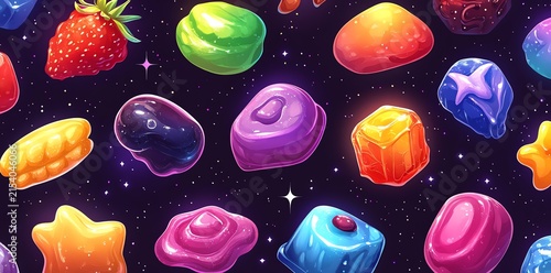 Colorful Candy Pieces in Space Scene Vibrant Assortment Bright Colors Fantasy Background