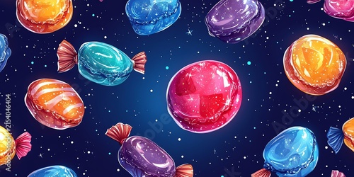 Colorful Assorted Candies Floating in Space with Bright Neon Colors and Starry Background