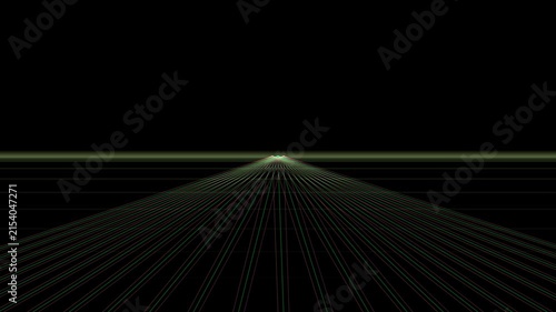 Green grid lines converge toward a vanishing point on a black background, creating a retro digital horizon.