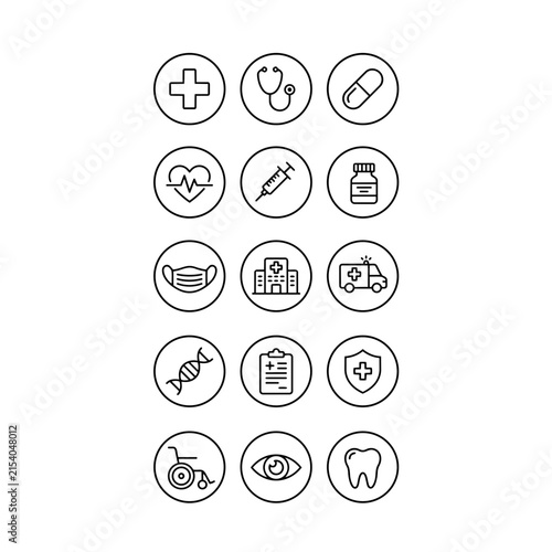 Set of medical and healthcare linear icons in circles with healthcare hospital medicine pharmacy treatment wellness
