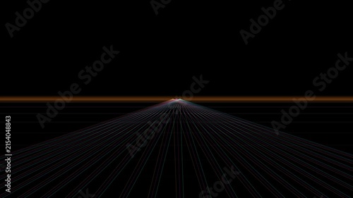 Abstract retro perspective grid converging toward a glowing orange horizon against a dark void