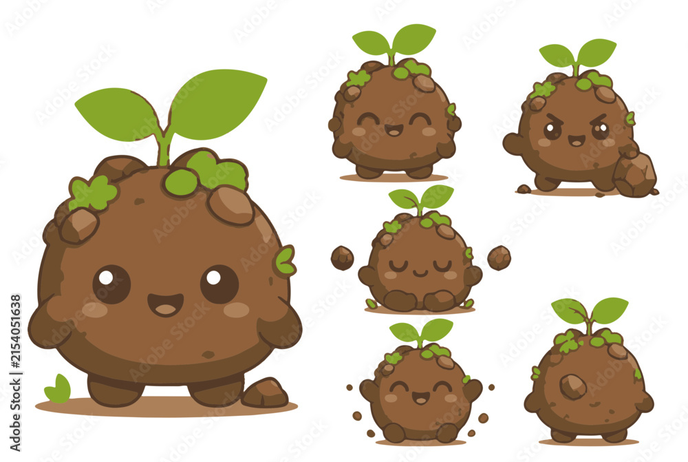 Fototapeta premium Cute Earth Element Cartoon Characters Set with Various Expressions and Plant Sprouts