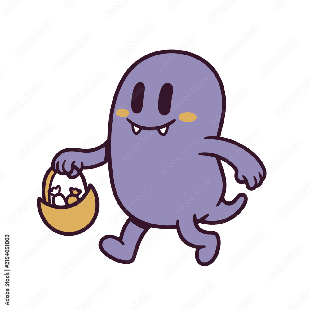 Fototapeta premium Funny Purple Creature with Umbrella and Raindrops