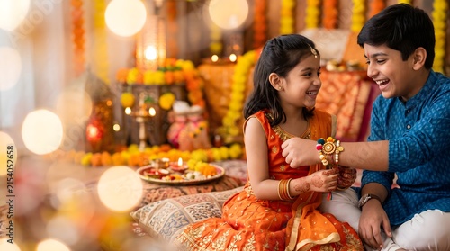 Indian Brother and Sister Celebrating Raksha Bandhan with Traditional Rakhi Ceremony