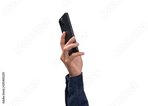 Rear view of a male hand holding modern black smartphone mockup, isolated on a transparent background. Back side of mobile phone mockup showing empty copy space. Concept for business and technology.