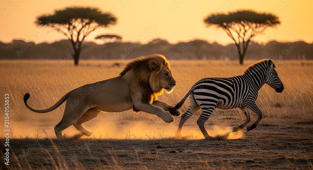 Naklejka premium Majestic Lion Chasing Zebra Across African Savannah at Sunset.