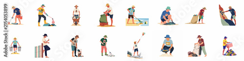 Flat vector illustrations of diverse people and children participating in environmental cleanup and waste management activities on a white background.