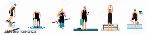 Professional Male Swimmer Illustrations Set Featuring Various Training Poses, Equipment, Poolside Activities and Stretching Exercises in Flat Vector Style