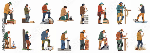 Set of illustrative cutout figures of people engaged in various outdoor work and survival activities, isolated on a white background.
