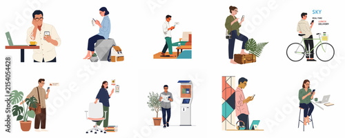 Collection of diverse people in daily life scenes using smartphones and laptops in various activities, isolated on a white background.