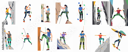 Collection of flat vector illustrations featuring men and women rock climbing on various surfaces, including indoor walls and outdoor cliffs, with full climbing gear.