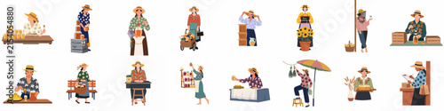 Illustrations of street vendors and market sellers offering various products like flowers, bread, honey, and vegetables, isolated on a white background.