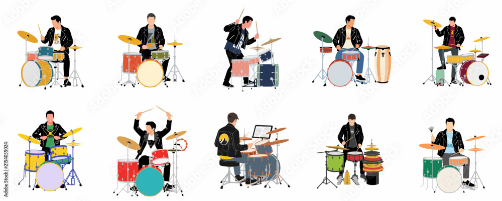 Fototapeta premium A collection of ten vector illustrations featuring a male drummer in a leather jacket playing various drum kits in different energetic poses.