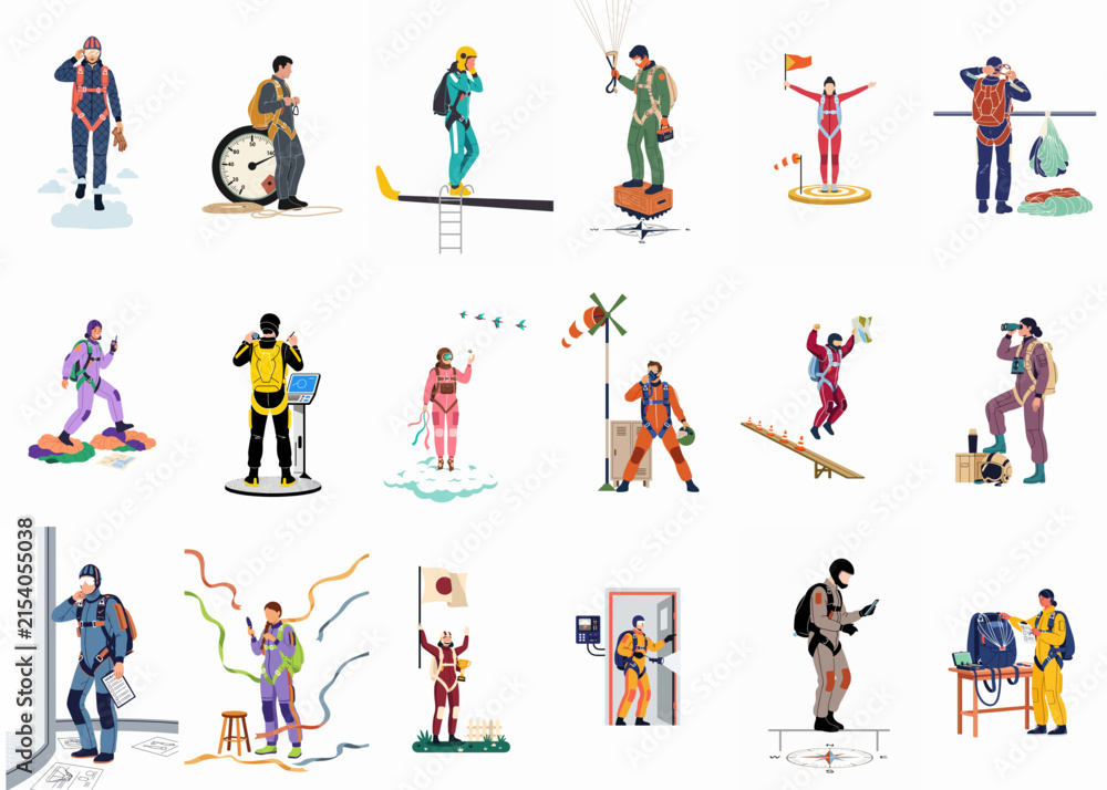 Fototapeta premium A diverse collection of eighteen flat vector illustrations depicting people in various professions, extreme sports, and adventurous roles on a white background.