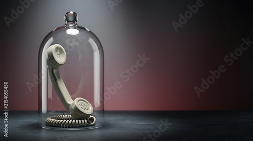 A vintage rotary telephone inside a glass bell jar isolated on a dark background representing the concept of not wanting to talk to anyone today