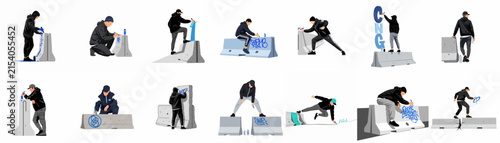 Collection of 2D cutout people in casual streetwear interacting with concrete barriers for architectural visualization and urban design projects.
