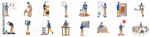 A collection of flat vector illustrations depicting various office and work-related scenarios including meetings, presentations, individual tasks, and team collaboration.