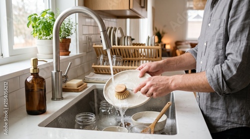 Washing Reusable Dishes in Modern Home Kitchen