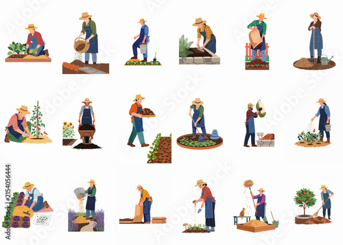 Collection of diverse gardeners performing various tasks like planting, watering, digging, and harvesting in flat vector illustration style.