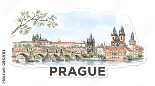 Prague skyline, watercolor sticker, pastel tones, travel concept