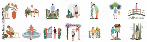Collection of diverse flat vector illustrations featuring people engaged in various outdoor activities like gardening, walking in parks, and enjoying nature settings.