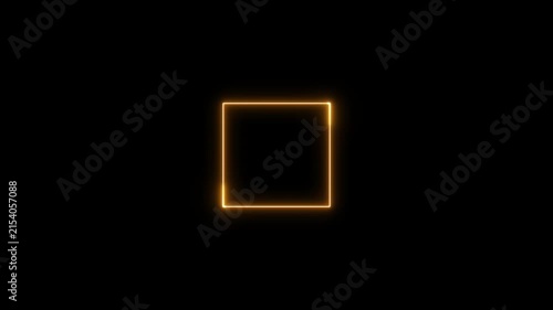 A neon square frame orange color laser line on black background. Square rectangle picture frame with three tine neon animation.