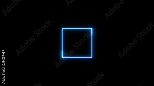 A neon square frame blue color laser line on black background. Square rectangle picture frame with three tine neon animation.