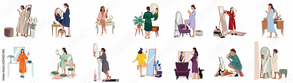 Obraz premium Diverse set of women in bathrobes doing morning beauty routines and self-care rituals illustrated on a white background