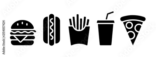 Fast food meal set featuring burger hot dog french fries soda and pizza slice silhouettes.