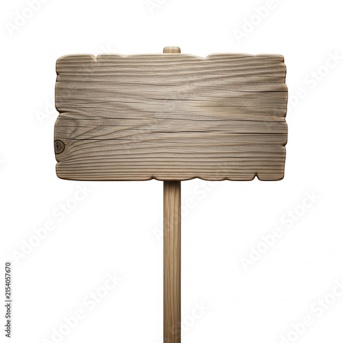 Rustic weathered wooden sign post with blank rectangular plank isolated on a high quality transparent background