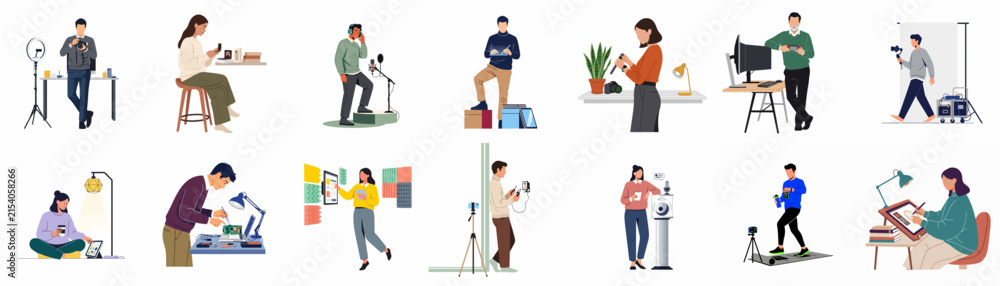 Fototapeta premium Collection of Diverse Flat Vector Illustrations Depicting People in Modern Creative Professions, Digital Content Creation, and Contemporary Lifestyles.