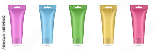 Colorful cosmetic tubes for skincare products on transparent background