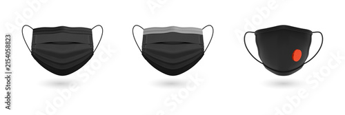 Three surgical face masks variations in a row on transparent background