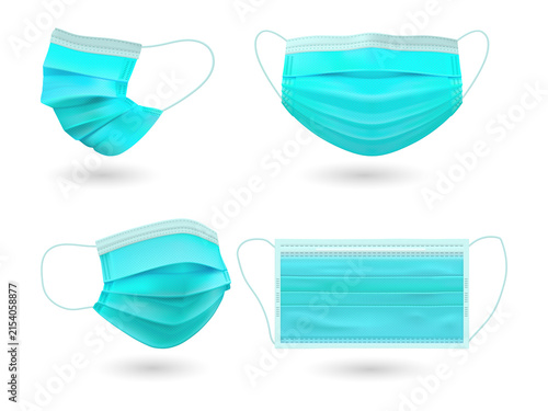 Four blue surgical masks on transparent background