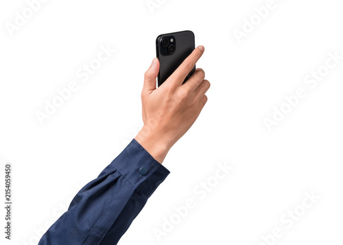 Rear view of a male hand holding modern black smartphone mockup, isolated on a transparent background. Back side of mobile phone mockup showing empty copy space. Concept for business and technology.