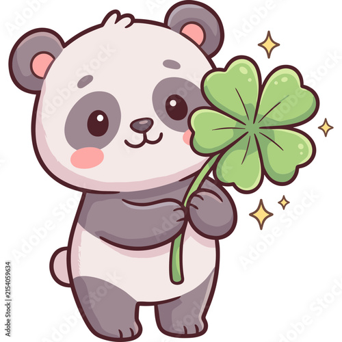 Lucky Panda with Clover: A cute cartoon panda holds a four-leaf clover, symbolizing good luck and fortune. The panda has big, expressive eyes and a sweet smile, surrounded by sparkling stars.