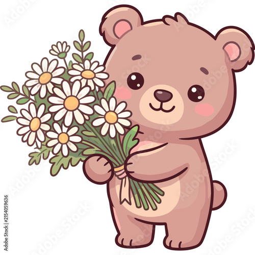 Cute Teddy Bear with Daisy Bouquet: An adorable, cartoonish teddy bear holds a cheerful bouquet of daisy flowers, offering a heartwarming gesture of affection and sweetness.