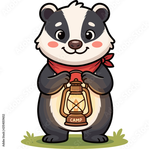 Cartoon Badger with Lantern: A charming cartoon badger, sporting a red bandana and holding a vintage lantern, stands on a grassy patch, ready for an adventure.