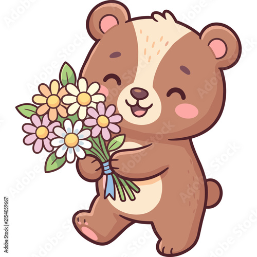 Cute Bear with Flowers: A charming cartoon bear with a warm smile carries a bouquet of colorful daisies and daisies, spreading joy and sweetness.