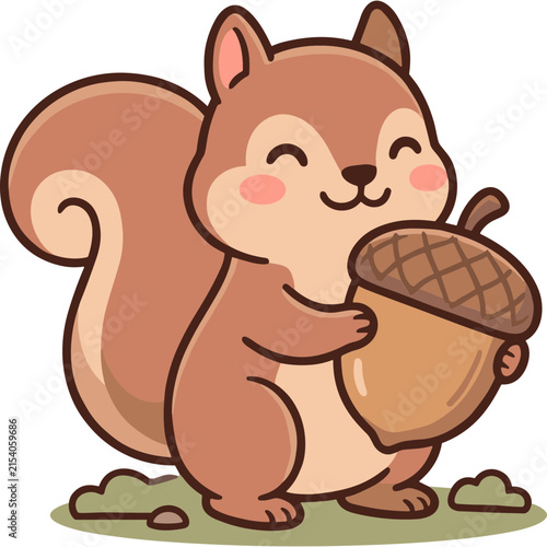 Cute Squirrel Holding Acorn: A charming cartoon illustration of a happy squirrel with a bushy tail, smiling and holding a large acorn, surrounded by tiny green grass tufts.