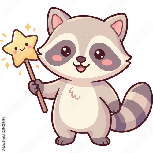 Cute Raccoon with Magic Wand: A whimsical illustration of a charming raccoon holding a sparkling star wand, its eyes twinkling with mischief and wonder.