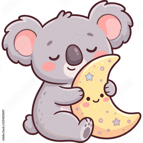 Sleepy Koala Hugging Moon: A cute cartoon koala with closed eyes hugs a smiling crescent moon, adorned with stars, in a whimsical bedtime illustration.