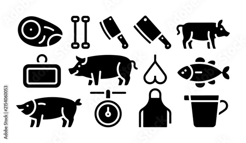 Butchery tools and meat products black silhouettes set for culinary design needs.